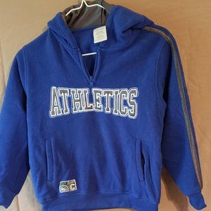 Athletics, Blue Fleece type pull-over w/Gray stripes down the sleeve. Size 8